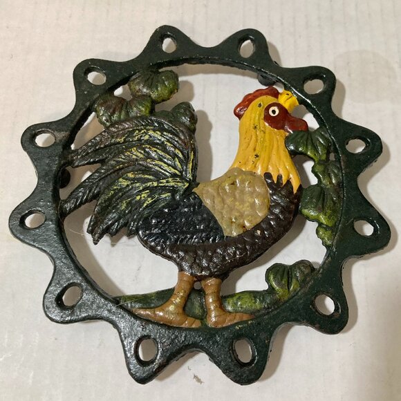 Vintage Cast Iron Rooster Trivet Pot Holder Hand Painted Country Cottage Core - Picture 2 of 8